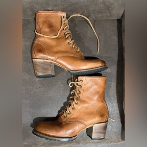 freebird Cavalier Cognac Lace-Up Leather Ankle Boots with Stacked Heel